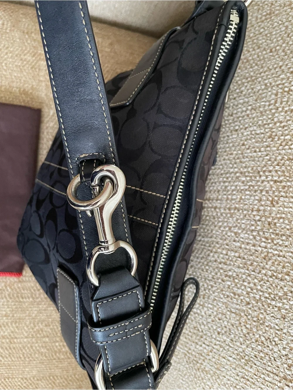Coach Black Signature Canvas Hobo Bag with Silver Buckle Accents